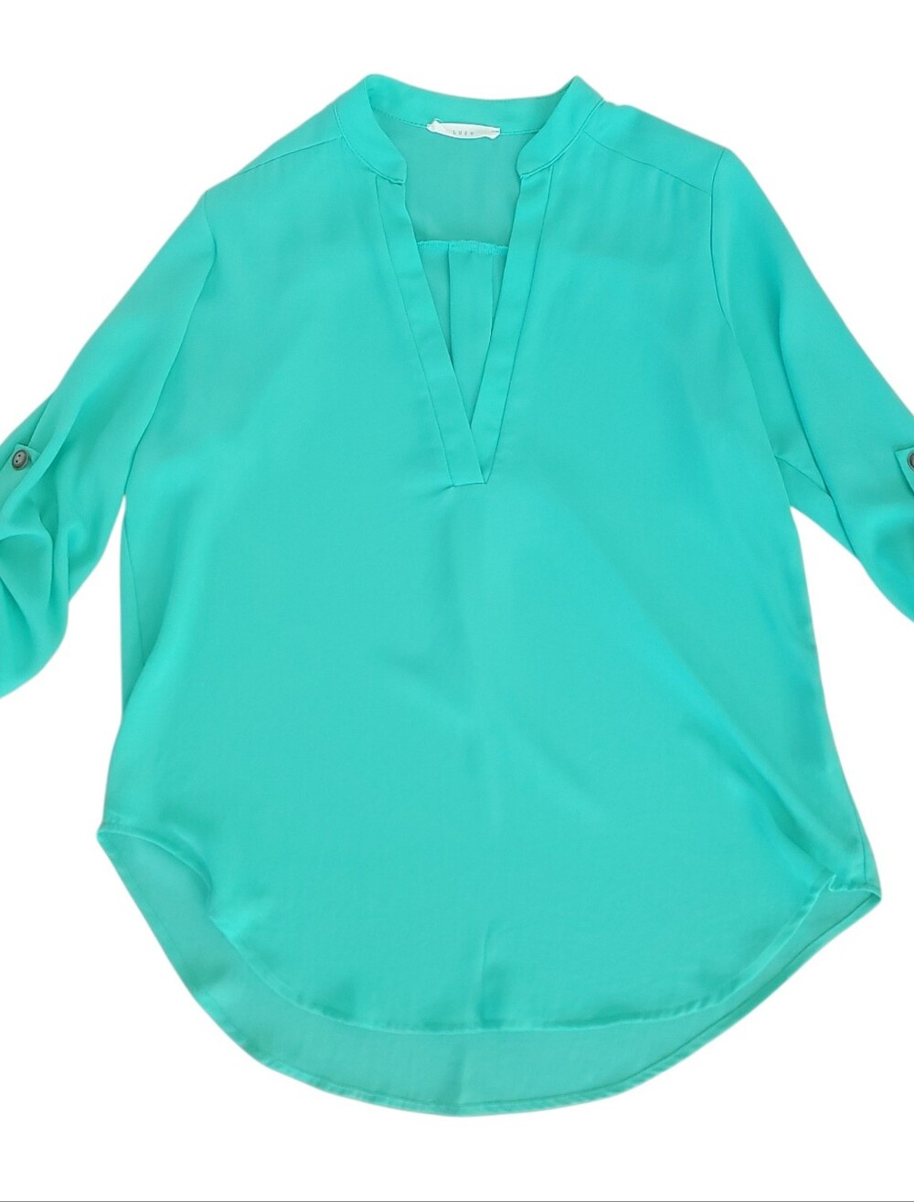 Lush Women's Roll Tab Sleeve V-Neck Chiffon Blouse Teal Green Size S Resortwear